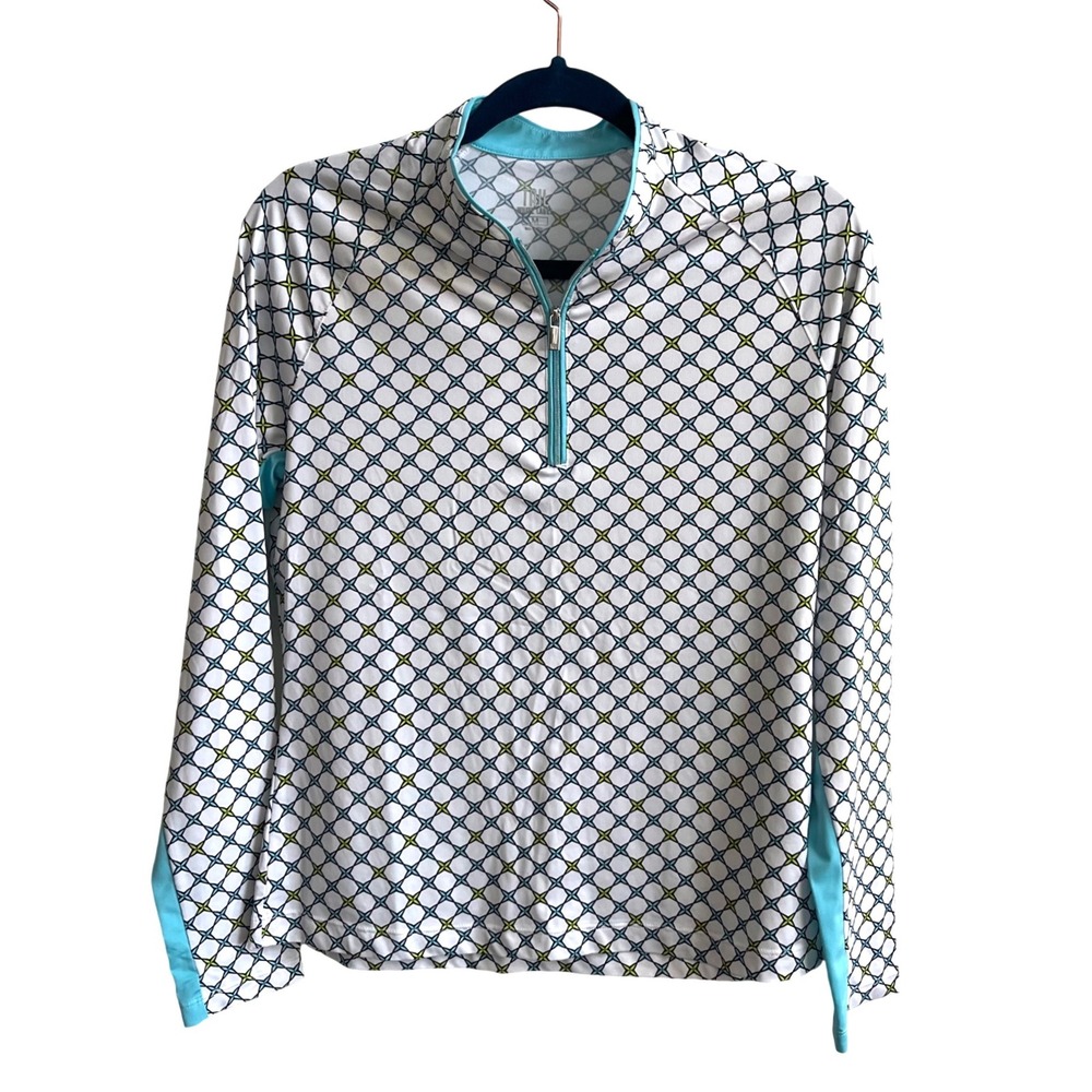 Tail White Label Quarter Zip Women Medium White Turquoise Geometric Golf Top